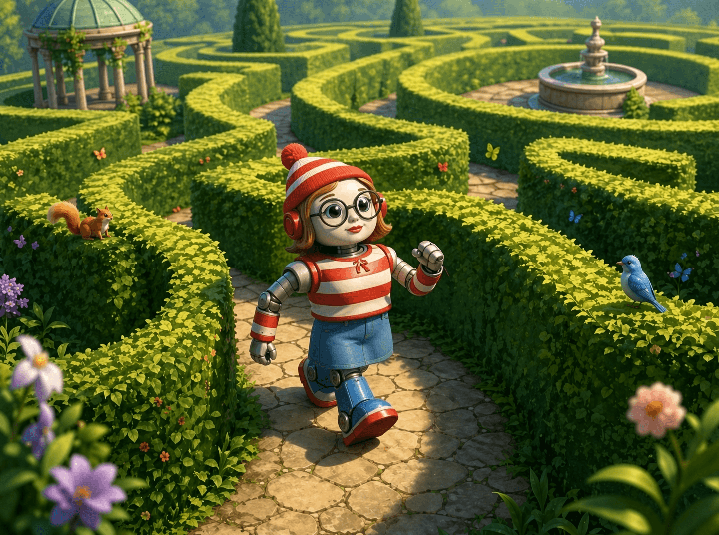 A friendly robot character walks a cobblestone path through a bright green hedge maze, with a gazebo, fountain, and butterflies in the distance.
